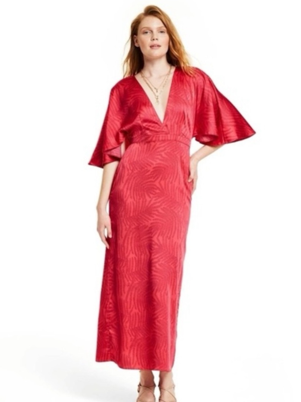 NWT Fe Noel x Target Size 2 Pink-Red V-Neck Maxi Dress with Flutter Sleeves
